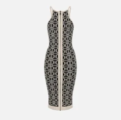 Abiti|Abiti Midi|Elisabetta Franchi Abito midi logo jacquard Nero/Burro
