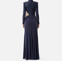 Abiti Red Carpet|Red Carpet|Elisabetta Franchi Abito red carpet in ciniglia ricamata con pailettes con cut-out Navy