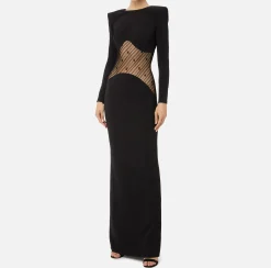 Abiti|Abiti Red Carpet|Elisabetta Franchi Abito red carpet in crêpe con inserto di tulle flock Nero