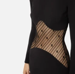 Abiti|Abiti Red Carpet|Elisabetta Franchi Abito red carpet in crêpe con inserto di tulle flock Nero