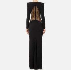 Abiti|Abiti Red Carpet|Elisabetta Franchi Abito red carpet in crêpe con inserto di tulle flock Nero