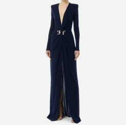 Abiti|Abiti Red Carpet|Elisabetta Franchi Abito red carpet in jersey lurex con nodo e accessorio logo Navy