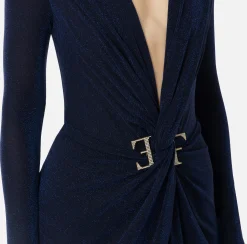 Abiti|Abiti Red Carpet|Elisabetta Franchi Abito red carpet in jersey lurex con nodo e accessorio logo Navy