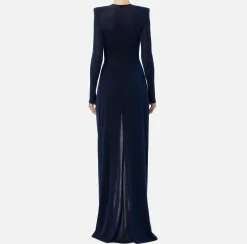 Abiti|Abiti Red Carpet|Elisabetta Franchi Abito red carpet in jersey lurex con nodo e accessorio logo Navy