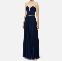 Abiti Red Carpet|Red Carpet|Elisabetta Franchi Abito red carpet in jersey lurex plissettato con cintura Navy