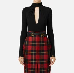 Top, T-Shirt & Body|Elisabetta Franchi Body in jersey con collo effetto sciarpa Nero