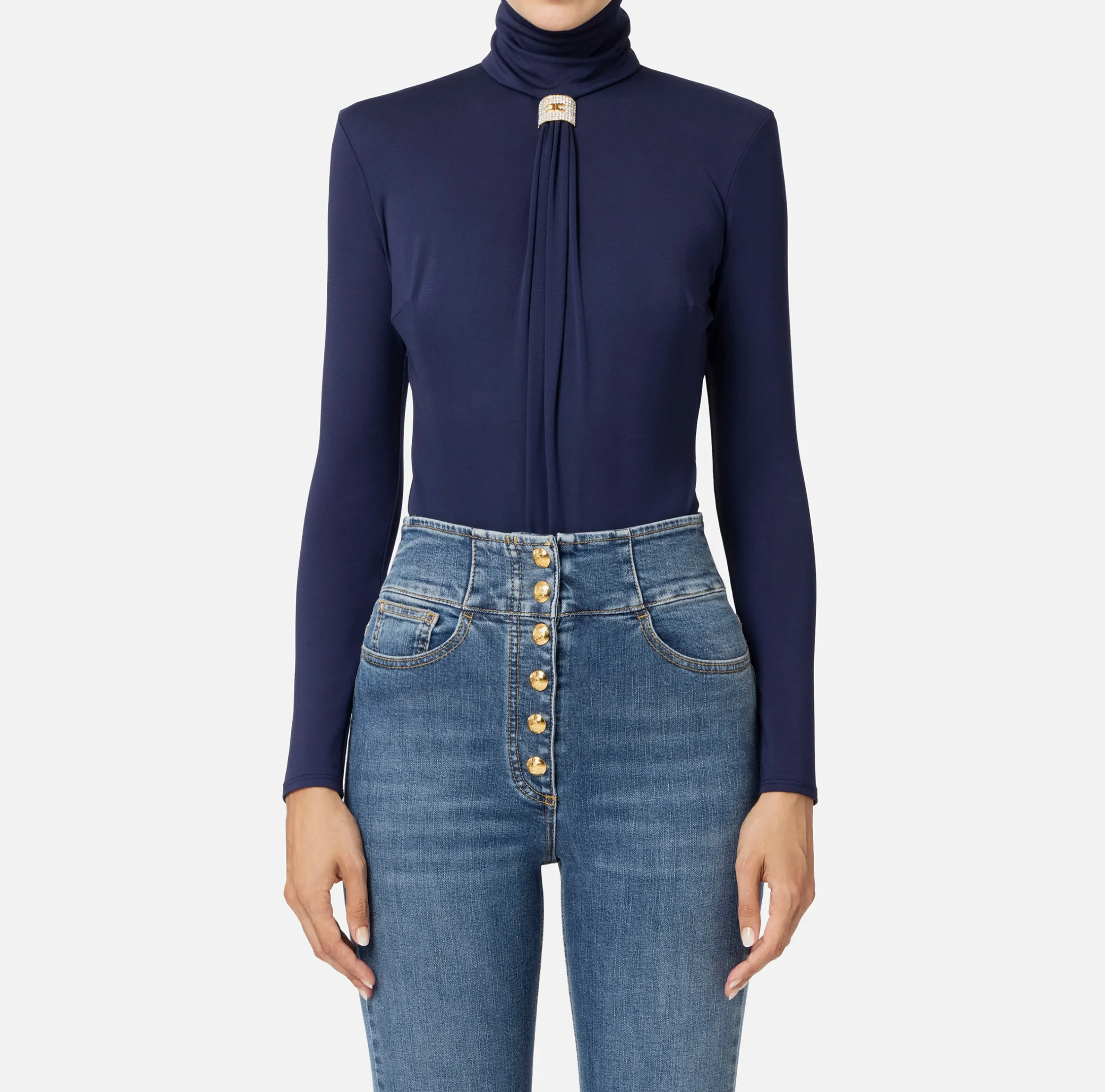 Top, T-Shirt & Body|Elisabetta Franchi Body in jersey con drappeggio e placca logo Navy
