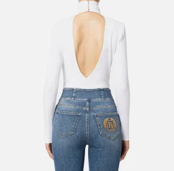 Top, T-Shirt & Body|Elisabetta Franchi Body in jersey con drappeggio e placca logo Avorio