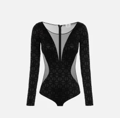 Top, T-Shirt & Body|Elisabetta Franchi Body in lycra flock e tulle Nero