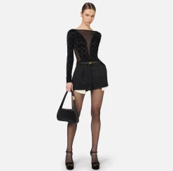 Top, T-Shirt & Body|Elisabetta Franchi Body in lycra flock e tulle Nero