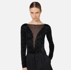 Top, T-Shirt & Body|Elisabetta Franchi Body in lycra flock e tulle Nero