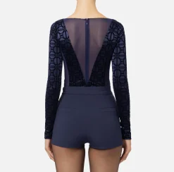 Top, T-Shirt & Body|Elisabetta Franchi Body in lycra flock e tulle Navy