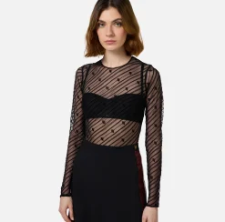 Top, T-Shirt & Body|Elisabetta Franchi Body in tulle flock disegno diagonale Nero