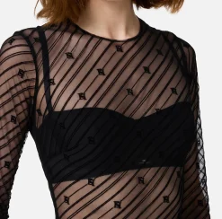 Top, T-Shirt & Body|Elisabetta Franchi Body in tulle flock disegno diagonale Nero