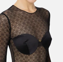 Top, T-Shirt & Body|Elisabetta Franchi Body in tulle jacquard con coppe Nero