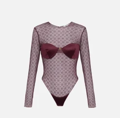 Top, T-Shirt & Body|Elisabetta Franchi Body in tulle jacquard con coppe RougeNoir