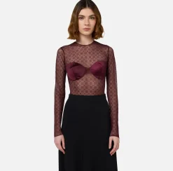 Top, T-Shirt & Body|Elisabetta Franchi Body in tulle jacquard con coppe RougeNoir