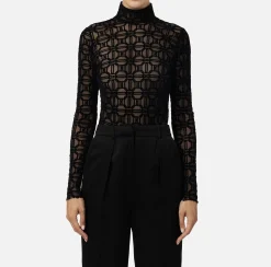 Top, T-Shirt & Body|Elisabetta Franchi Body in tulle stampato flock Nero