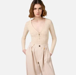 Top, T-Shirt & Body|Elisabetta Franchi Body in viscosa logo punto rete Burro