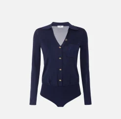 Top, T-Shirt & Body|Elisabetta Franchi Body in viscosa lucida con ricamo logo Navy
