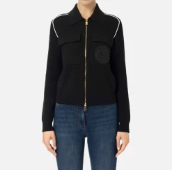 Maglieria E Felpe|Elisabetta Franchi Bomber in viscosa con patch logo Nero/Burro