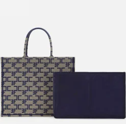 Borse A Mano|Elisabetta Franchi Borsa Monogram Grande Con Organizer Cammello/Blu