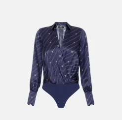 Camicie E Bluse|Top, T-Shirt & Body|Elisabetta Franchi Camicia body in georgette di seta stampata Navy/Crema