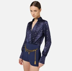 Camicie E Bluse|Top, T-Shirt & Body|Elisabetta Franchi Camicia body in georgette di seta stampata Navy/Crema