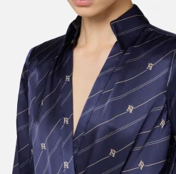 Camicie E Bluse|Top, T-Shirt & Body|Elisabetta Franchi Camicia body in georgette di seta stampata Navy/Crema