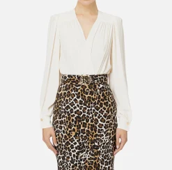 Camicie E Bluse|Top, T-Shirt & Body|Elisabetta Franchi Camicia body in georgette con ricamo su spalle Burro