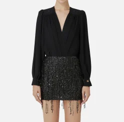 Camicie E Bluse|Top, T-Shirt & Body|Elisabetta Franchi Camicia body in georgette con ricamo su spalle Nero