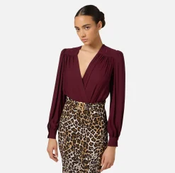 Camicie E Bluse|Top, T-Shirt & Body|Elisabetta Franchi Camicia body in georgette con ricamo su spalle RougeNoir