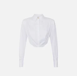 Camicie E Bluse|Elisabetta Franchi Camicia cropped in popeline a righe con fondo asimmetrico Bianco