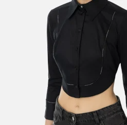 Camicie E Bluse|Elisabetta Franchi Camicia cropped in popeline con plastron ed elastico logato Nero