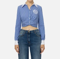 Camicie E Bluse|Elisabetta Franchi Camicia cropped in popeline rigato con drappeggio Navy/Bianco