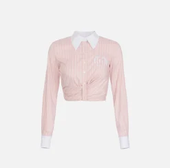 Camicie E Bluse|Elisabetta Franchi Camicia cropped in popeline rigato con drappeggio PowderPink/Bianco