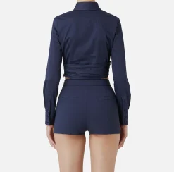 Camicie E Bluse|Elisabetta Franchi Camicia cropped in popeline stretch con drappeggio Navy