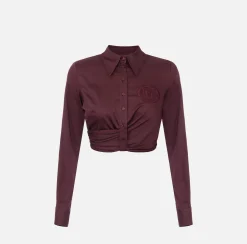 Camicie E Bluse|Elisabetta Franchi Camicia cropped in popeline stretch con drappeggio RougeNoir