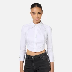 Camicie E Bluse|Elisabetta Franchi Camicia cropped in popeline con plastron ed elastico logato Bianco