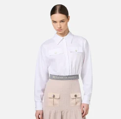 Camicie E Bluse|Elisabetta Franchi Camicia cropped in popeline con fascione Bianco