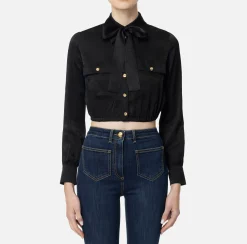 Camicie E Bluse|Elisabetta Franchi Camicia cropped in raso jacquard con foulard Nero