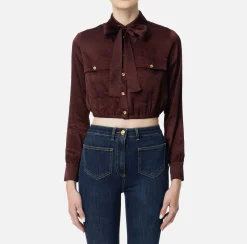 Camicie E Bluse|Elisabetta Franchi Camicia cropped in raso jacquard con foulard RougeNoir