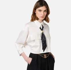 Camicie E Bluse|Elisabetta Franchi Camicia cropped in raso stretch con foulard Bianco