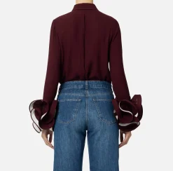 Camicie E Bluse|Elisabetta Franchi Camicia in georgette con ruches e foulard RougeNoir/Burro