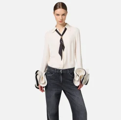 Camicie E Bluse|Elisabetta Franchi Camicia in georgette con ruches e foulard Burro/Nero