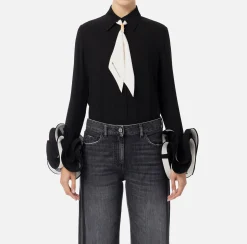 Camicie E Bluse|Elisabetta Franchi Camicia in georgette con ruches e foulard Nero/Burro