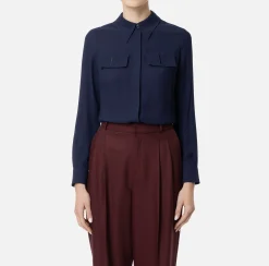 Camicie E Bluse|Elisabetta Franchi Camicia in georgette con patte ricamate Navy