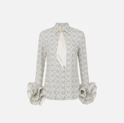 Camicie E Bluse|Elisabetta Franchi Camicia in georgette stampata con ruches e foulard Burro/Nero