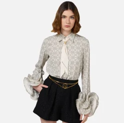 Camicie E Bluse|Elisabetta Franchi Camicia in georgette stampata con ruches e foulard Burro/Nero