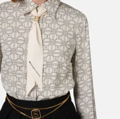 Camicie E Bluse|Elisabetta Franchi Camicia in georgette stampata con ruches e foulard Burro/Nero